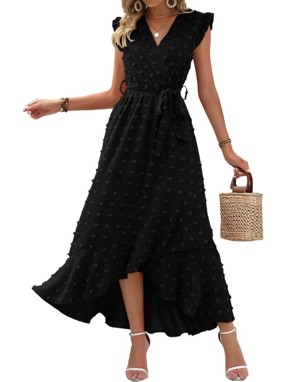 Women's Black V Neck Summer Dress \Cap Sleeve Swiss Dot Boho Flowy Ruffle Maxi